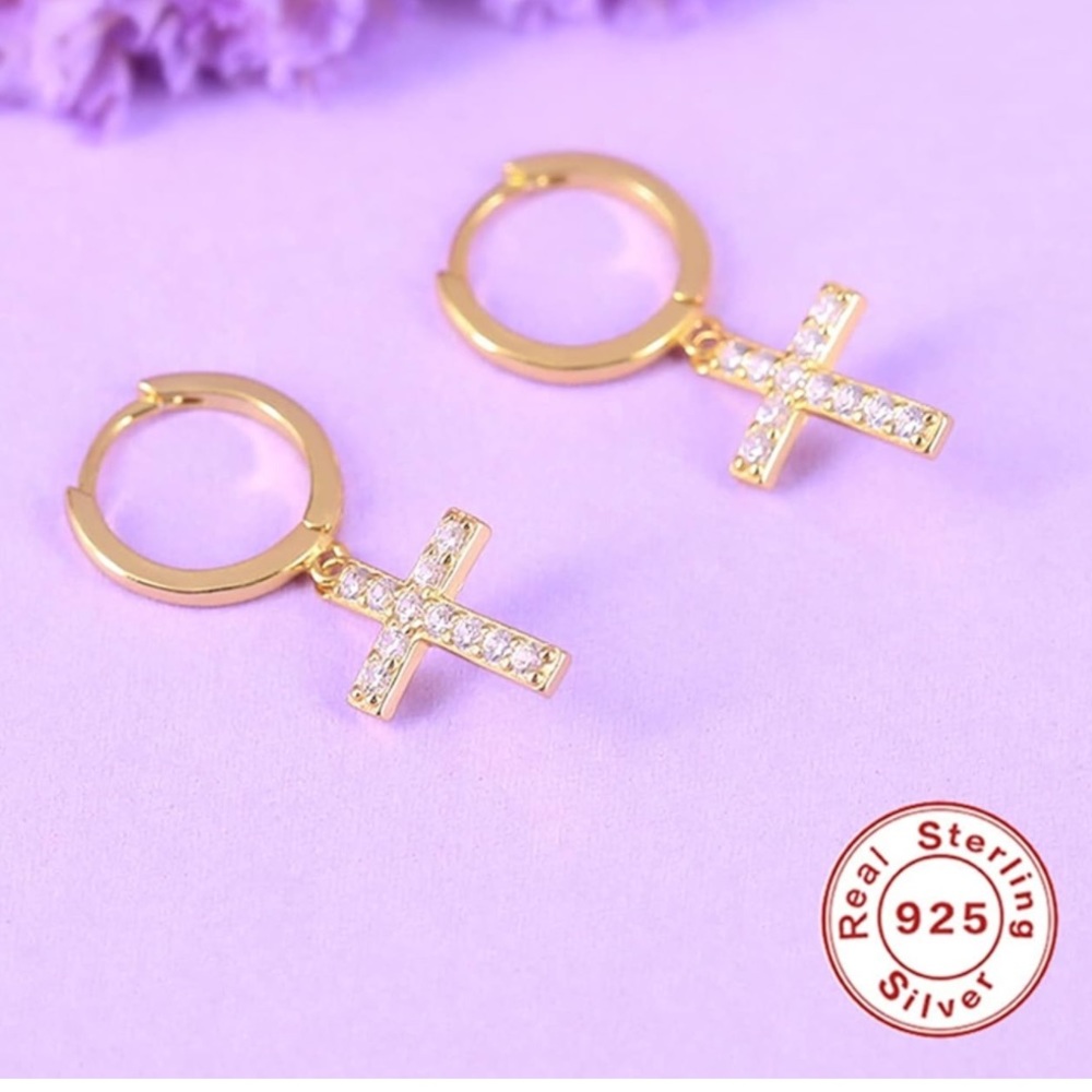 New Sterling Silver Gold Plated Micro Paved Charm Cross Earrings - Picture 3 of 7